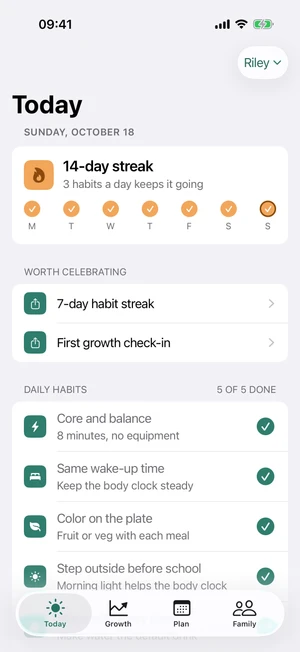 TallSoon Today screen with sample healthy habit check-ins for sleep, nutrition, and activity.